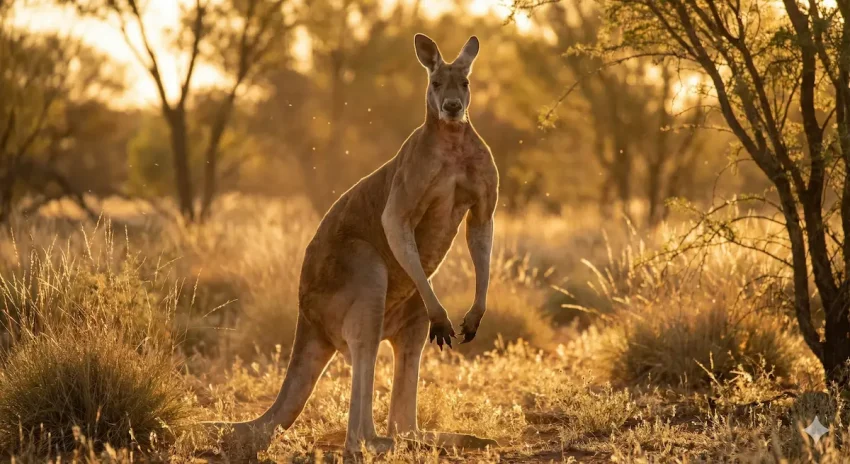 オーストラリアの荒野で直立する筋肉質なオスのアカカンガルー