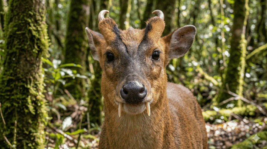 牙を持つキョンのオスのクローズアップ