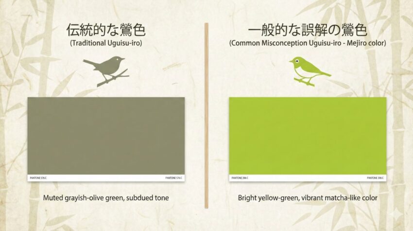 うぐいす色の比較図。本来の鶯色(渋い灰緑色)と、一般的にイメージされるうぐいす色(実際はメジロ色の明るい黄緑)を並べた図