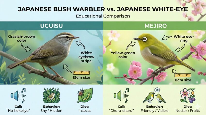 ウグイスとメジロの見分け方を示した比較図。色、サイズ、目の特徴、鳴き声、行動、食性の違いを図解