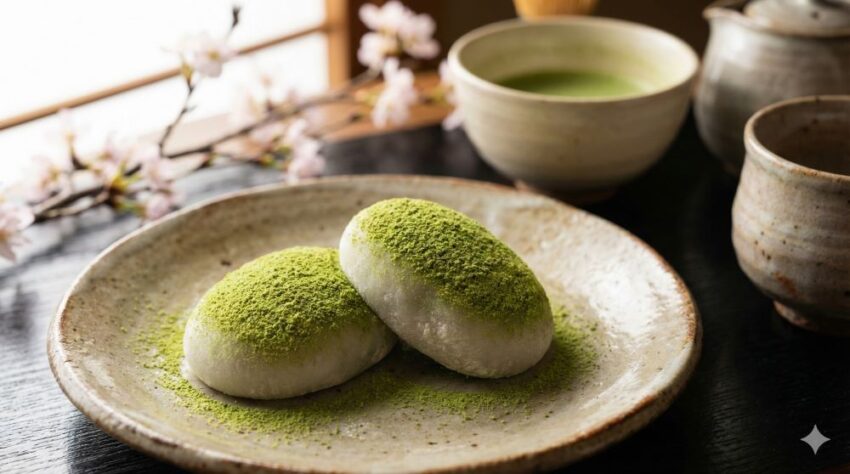 鶯餅 うぐいす餅 日本の伝統的な春の和菓子 鮮やかな緑色のきな粉に包まれた楕円形の餅菓子 陶器の皿に盛り付けられた実物写真