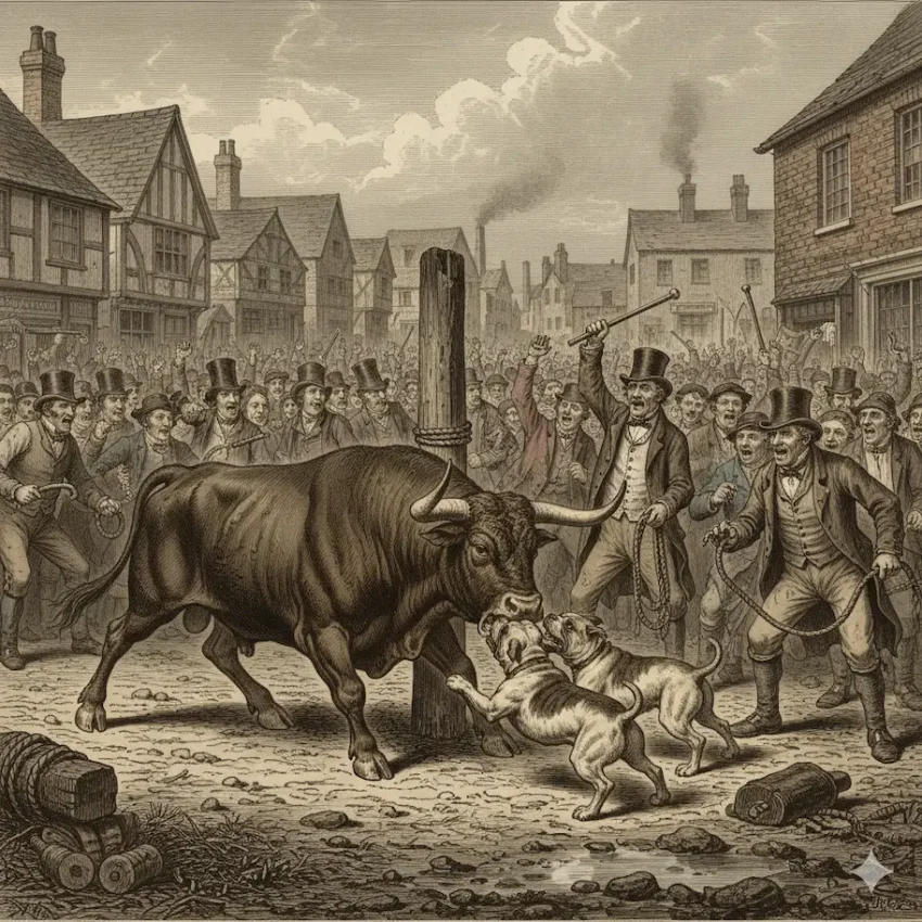 19世紀イギリスの街頭で行われていたブル・ベイティング（牛いじめ）の様子を描いたエッチング風の画像。杭に繋がれた大きな牛の鼻先に、数頭のブルドッグが噛みつき、周囲をシルクハットを被った群衆が取り囲んで熱狂している光景。