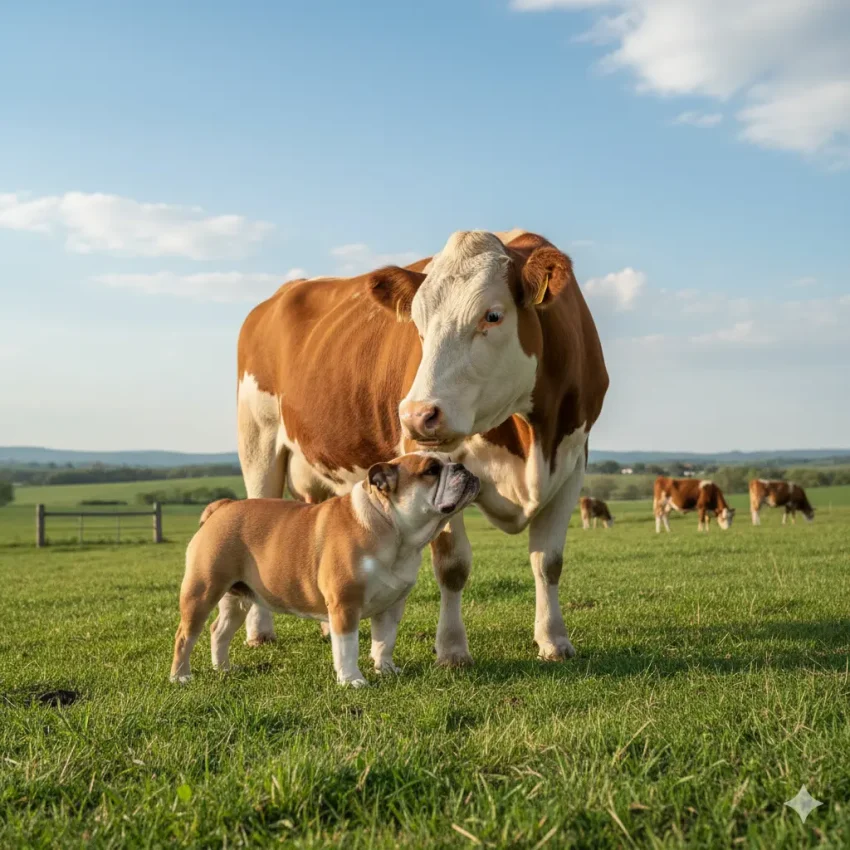 青空の下、広大な緑の牧草地で寄り添う茶色と白の大きな牛と、それを見上げる穏やかな表情のイングリッシュ・ブルドッグ。かつての闘争の歴史を超え、二頭が静かに共存している平和な風景。