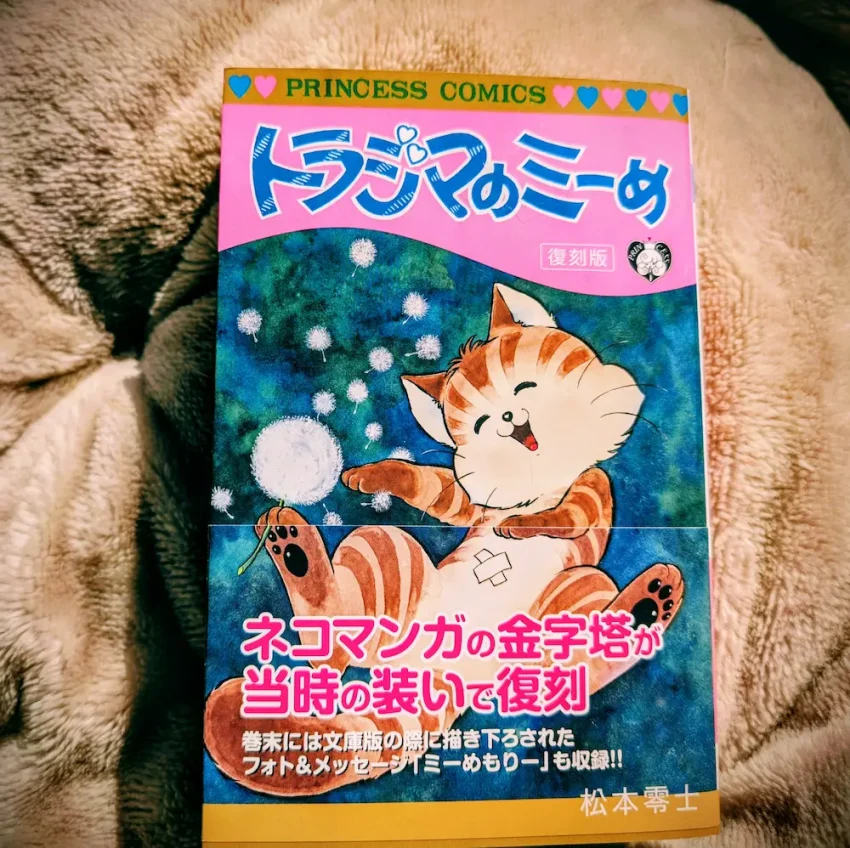 『トラジマのミーめ』復刻版の表紙。雪の中で楽しそうに遊ぶトラジマ猫のミーくんが描かれたプリンセスコミックスの漫画本
