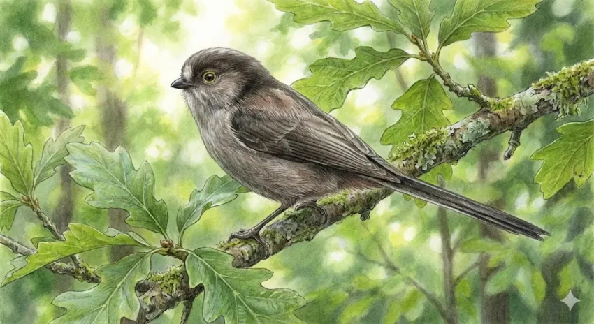 alt="夏のシマエナガのイラスト(スリムな体型、茶褐色の羽毛、緑の葉が茂る森の枝に止まる姿)"