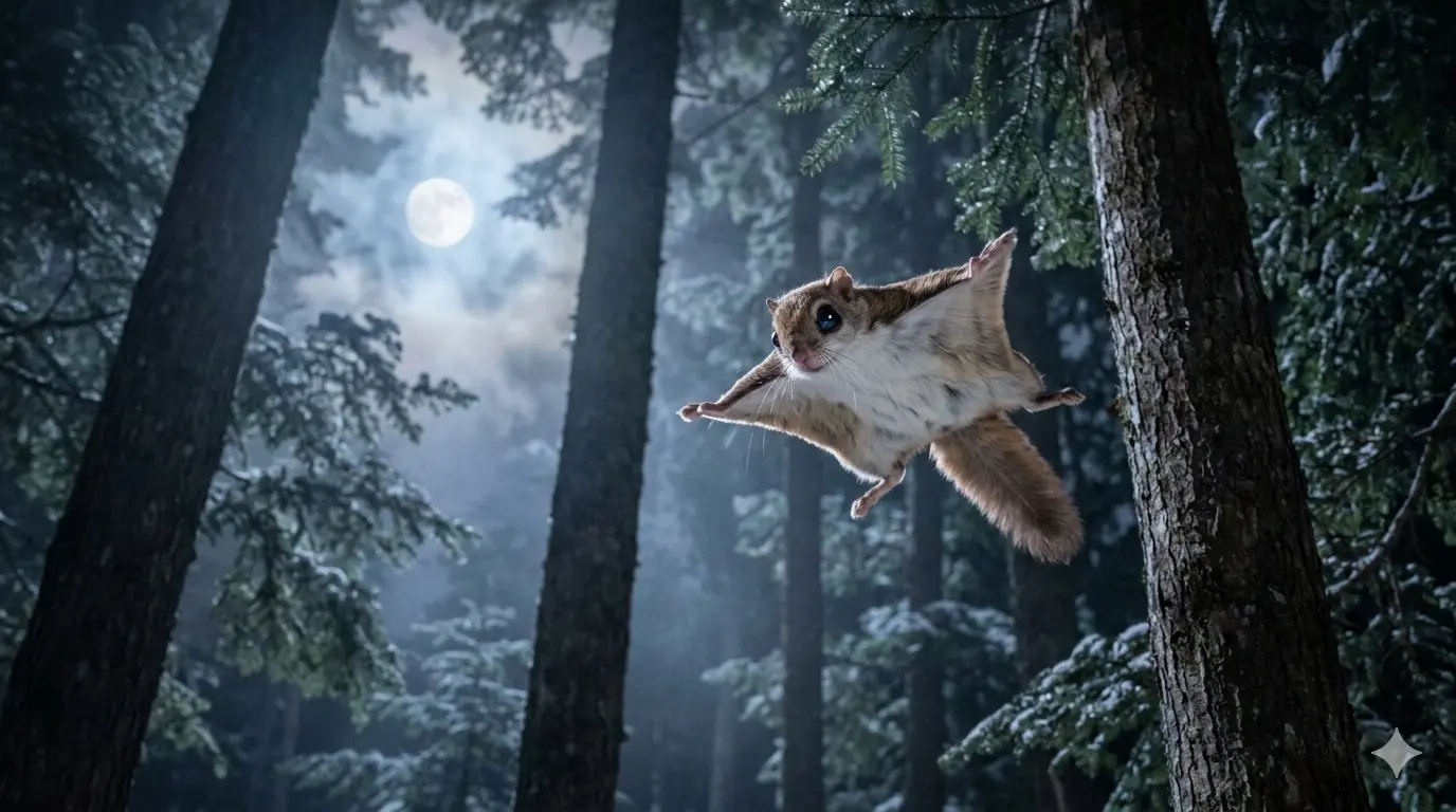 満月の夜空のもと、飛膜を広げて針葉樹林を滑空するニホンモモンガ。モモンガの寿命と生態を紹介する記事のアイキャッチ画像。