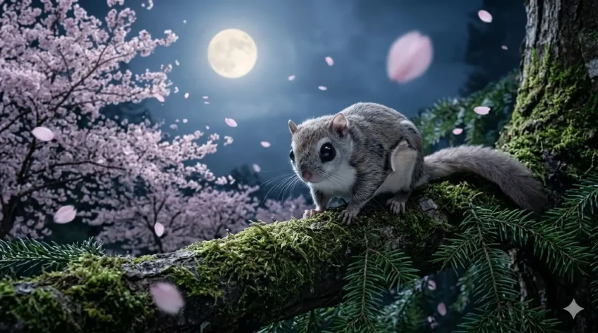 満月の夜、桜の花びらが舞う森の中で苔むした枝の上にたたずむニホンモモンガ。大きな黒い瞳と灰褐色の体毛が特徴的。