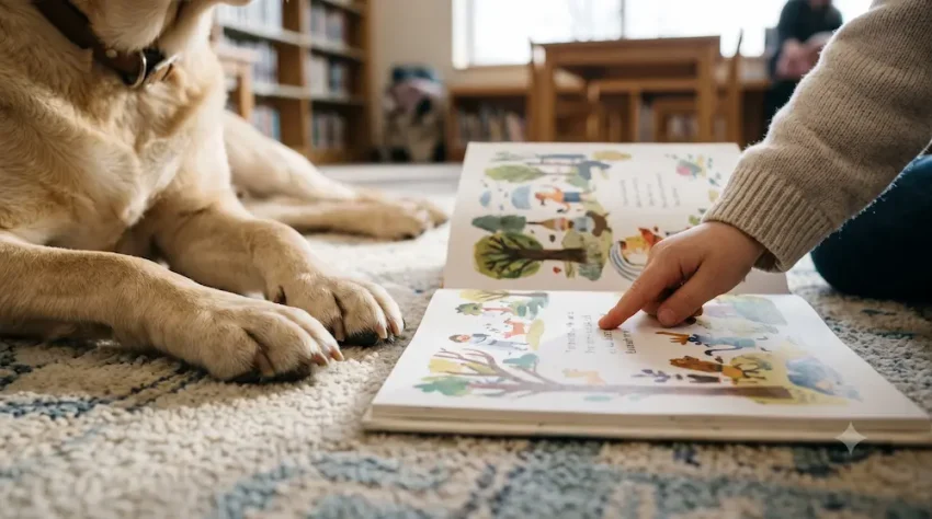 開いた絵本を読む子どもの手と隣で休む犬の前足