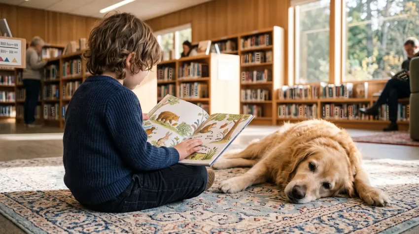 図書館で本を読む子どもの隣に静かに寄り添う読書介助犬