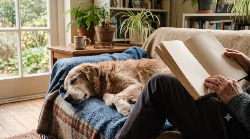 本を読む飼い主の隣で安心して眠るシニア犬