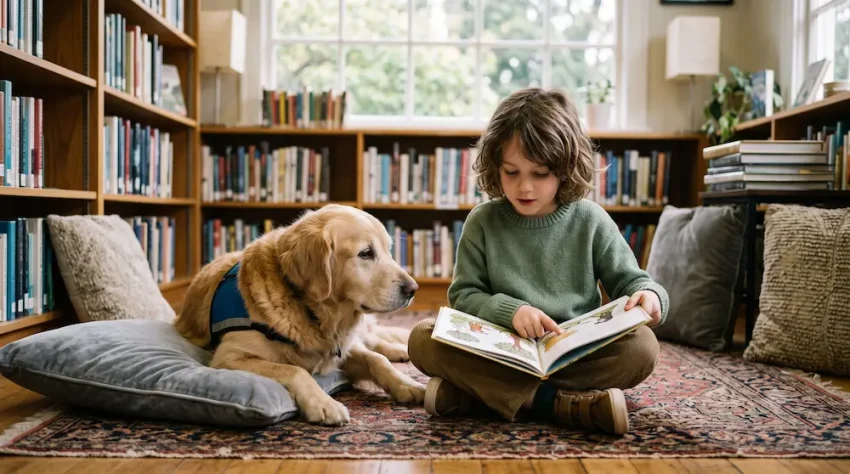 図書館の読書スペースで子どもの朗読を静かに聞くセラピー犬