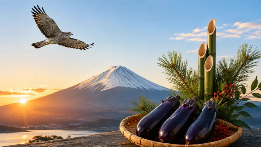初日の出の富士山と空を飛ぶ鷹、手前に置かれた茄子