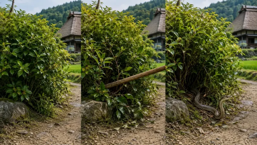木の棒で藪に触れたことで草むらから姿を現すヘビ